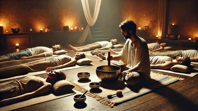 tibetan singing bowls played in a sound bath